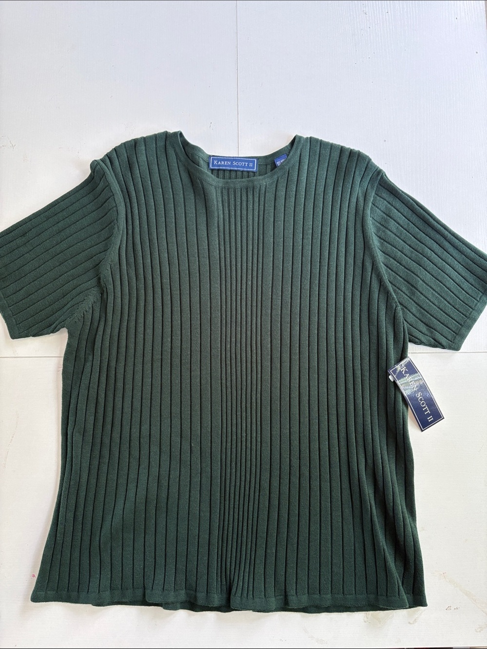Karen Scott Vertical Rib Knit Short Sleeve Top in Forest Green